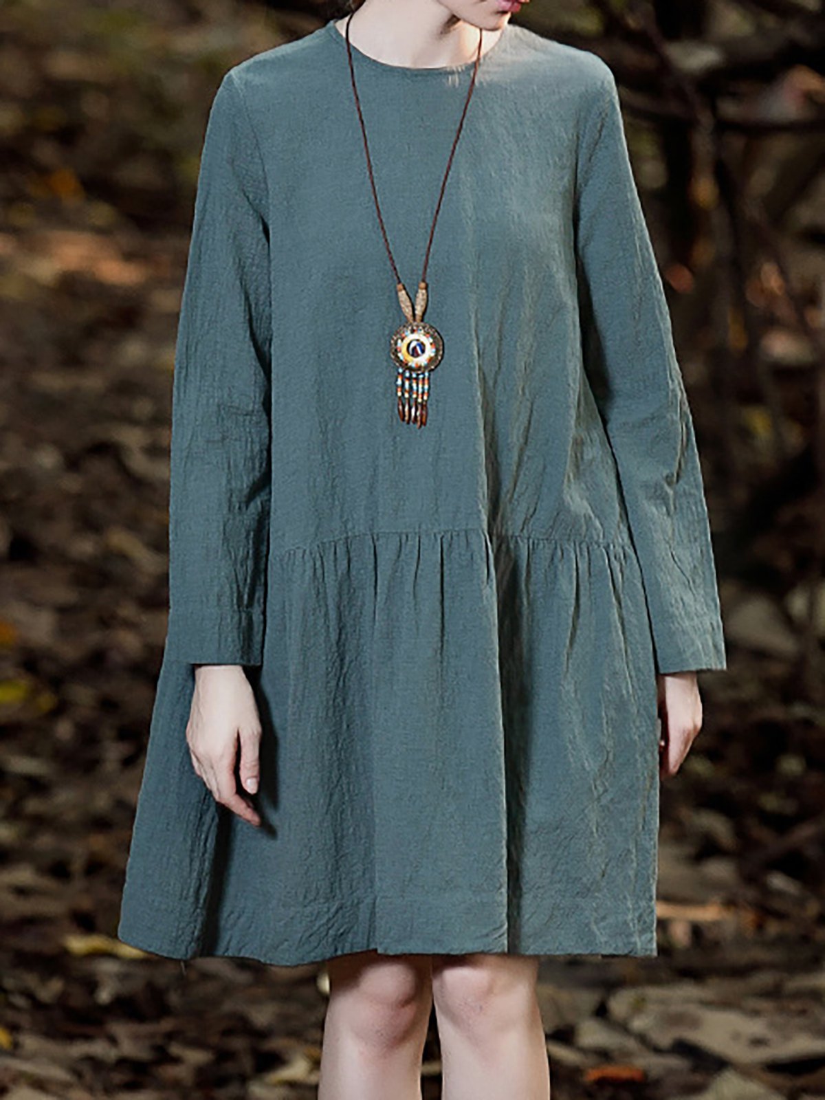 Round Neck Women Cotton Plain Basic Casual Dress