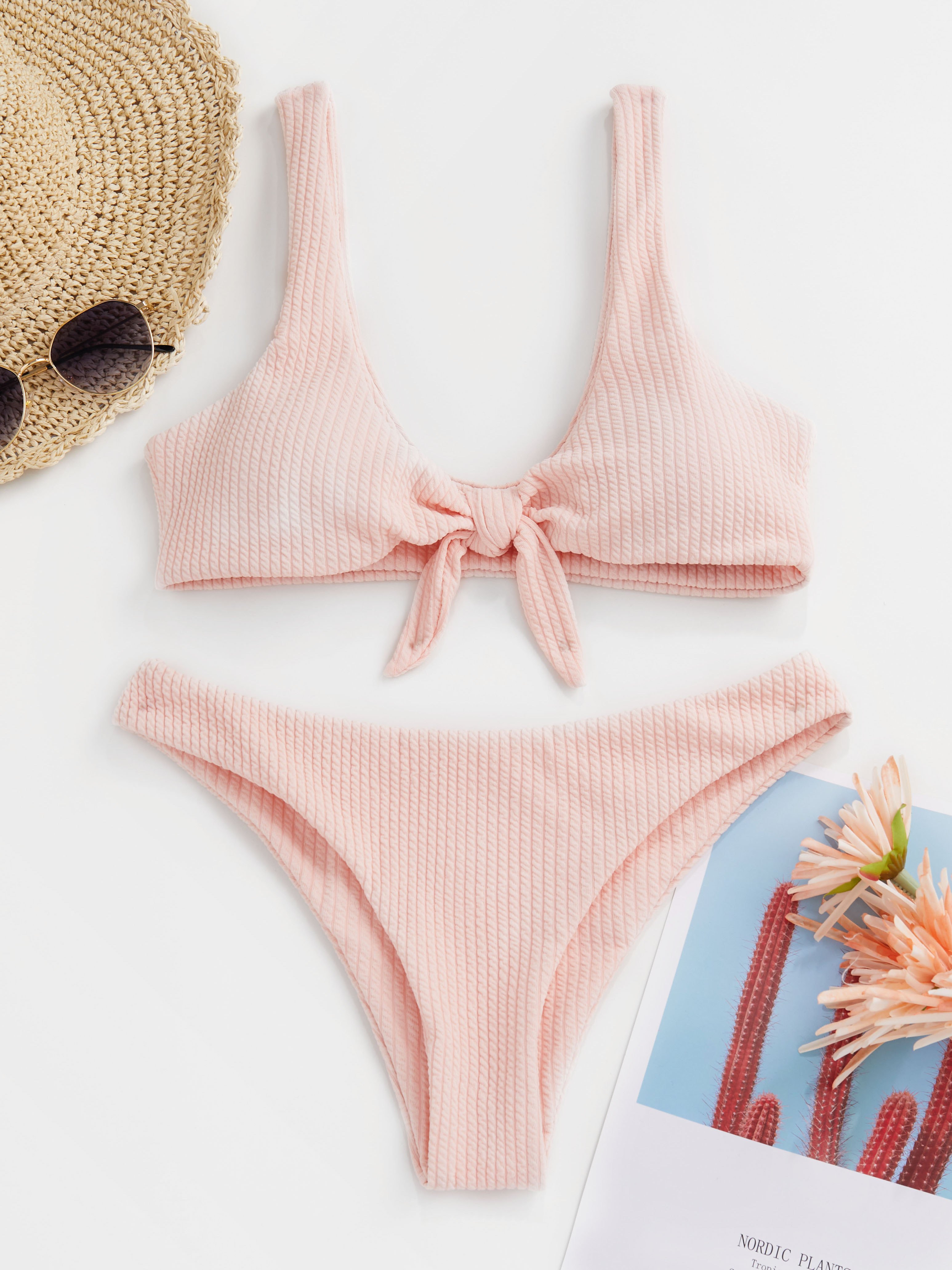 Solid Ribbed Tied Tankini Swimwear