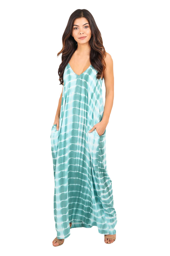 Fashion Mint Tie Dye Print Boho Pocketed Maxi Dress