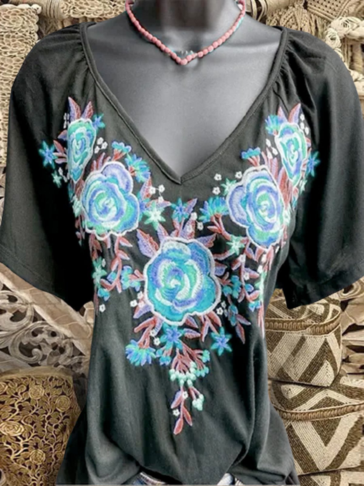 Short Sleeve V Neck Casual Floral Shirts & Tops