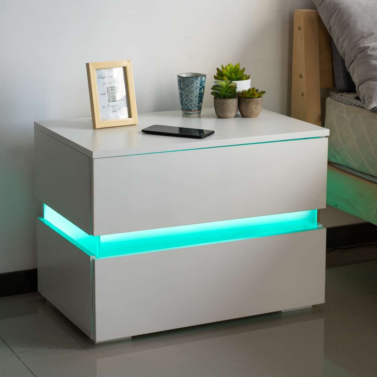 Modern LED Bedside Table High Gloss RGB Coffee Tables with 2 Drawers Sofa Side