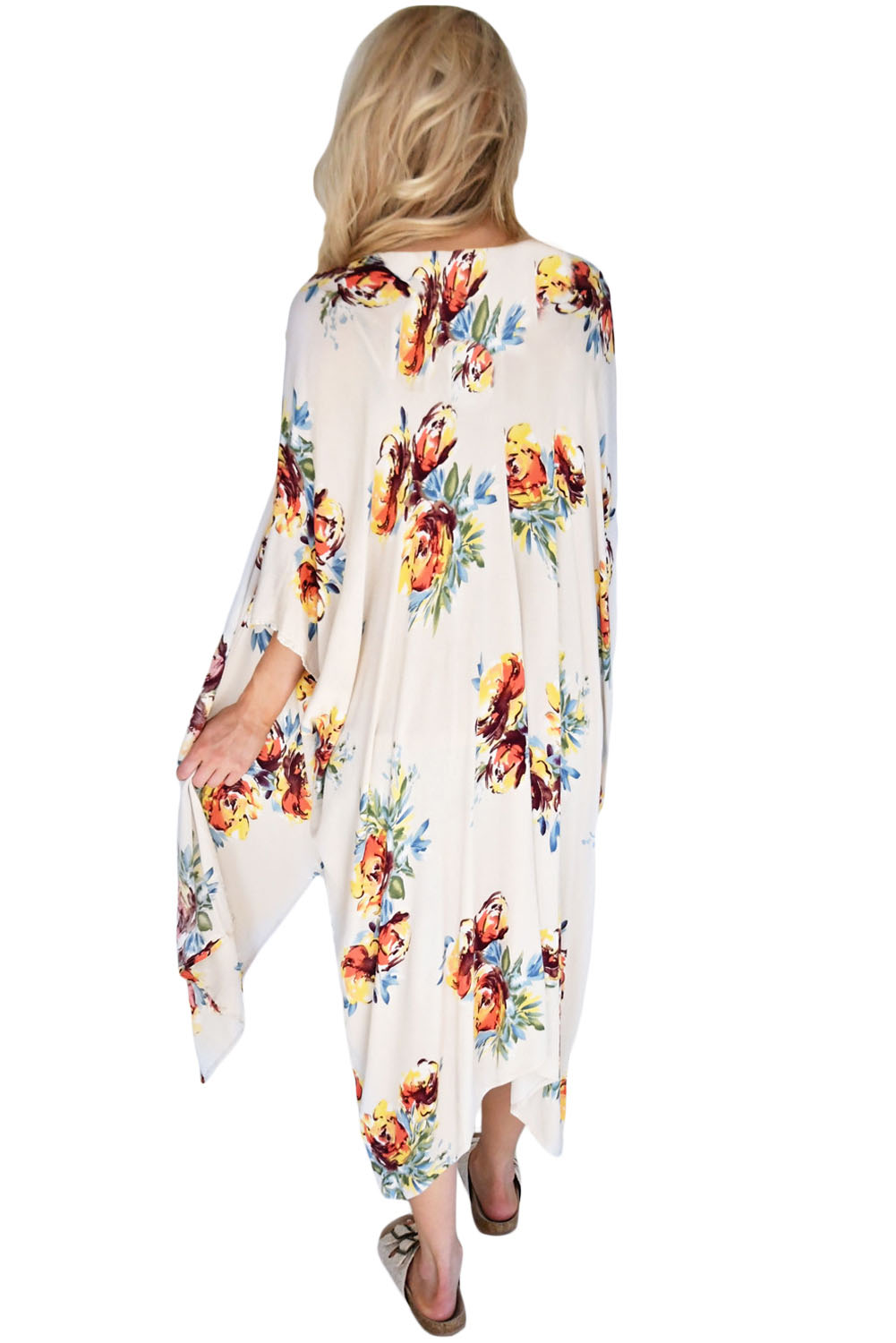 Ivory Floral Side Slit Boho Kimono