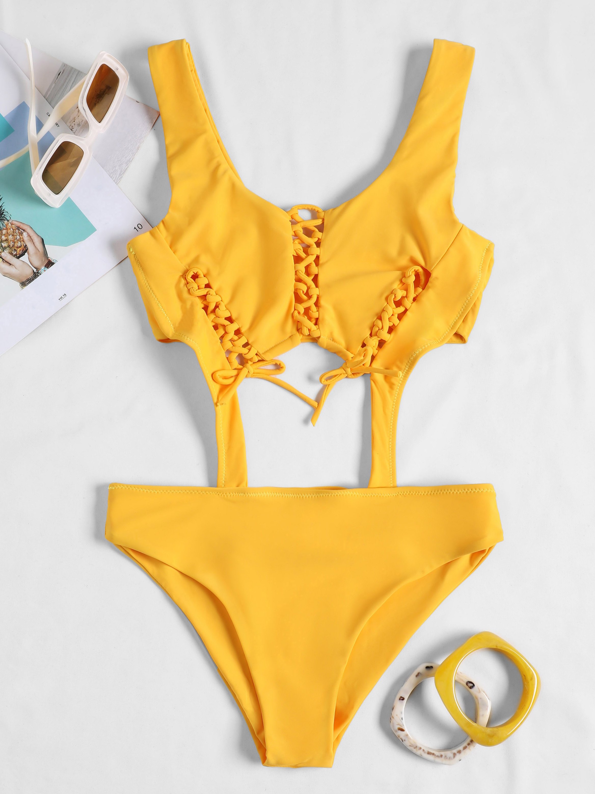 Solid Lace-up One-Piece Swimwear