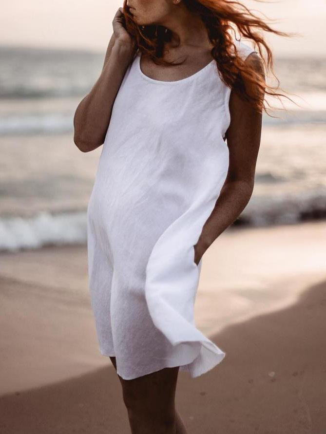 Plus Size Casual Solid Round Neck Sleeveless Pockets Dresses