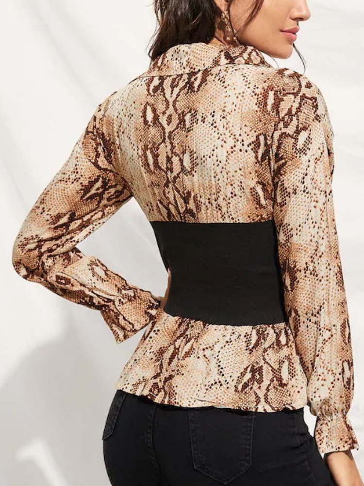 Snakeskin Long Sleeve Lapel Bodycon Appliqued T-Shirts