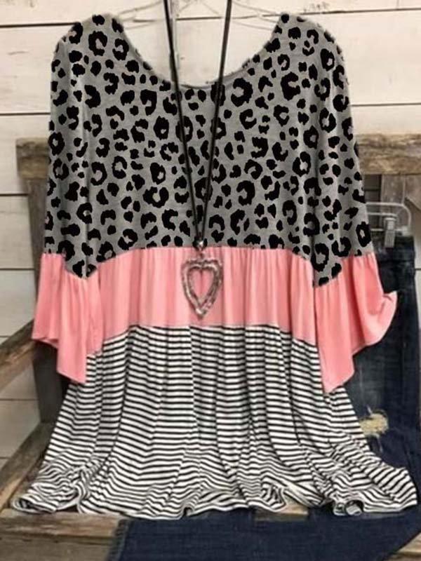 3/4 Sleeve Cotton-Blend Leopard-Print Crew Neck Shirts & Tops