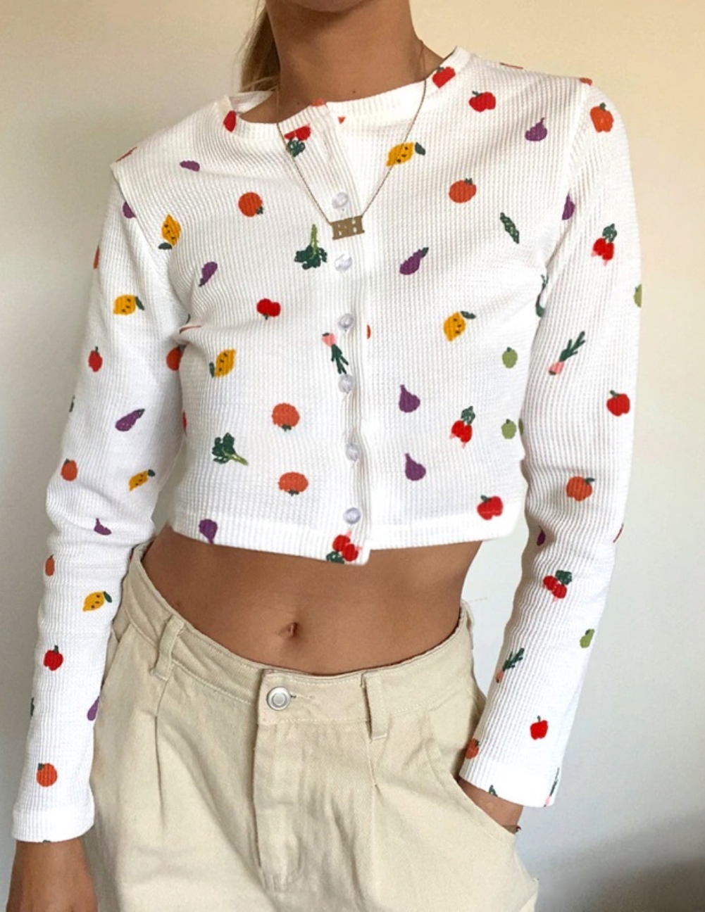 Print White Button Up Long Sleeve Crop Top