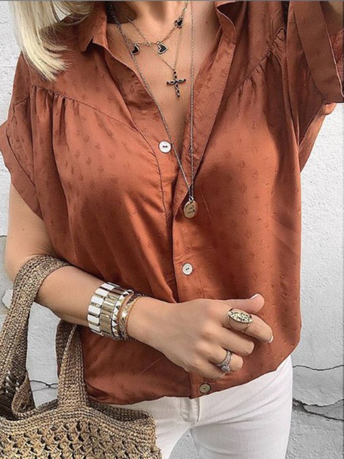 Red Brown Cotton-Blend V Neck Polka Dots Short Sleeve Shirts & Tops