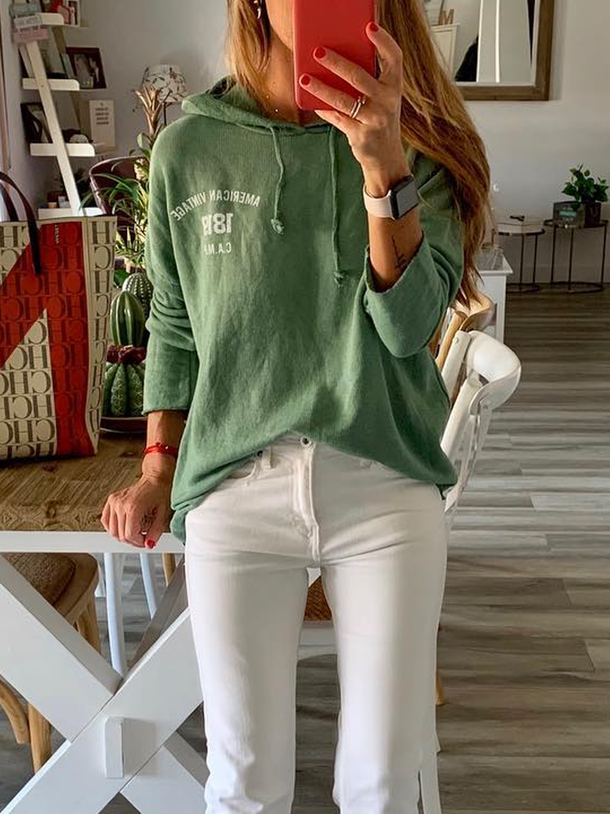 Green Long Sleeve Cotton-Blend Shirts & Tops