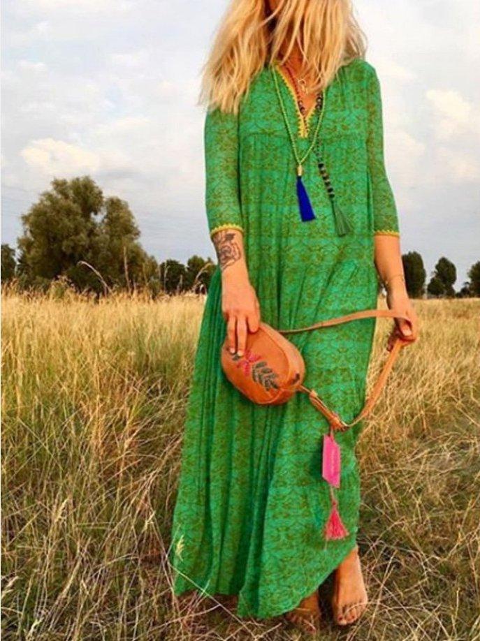 Boho Floral A-Line Long Sleeve Chiffon Dresses