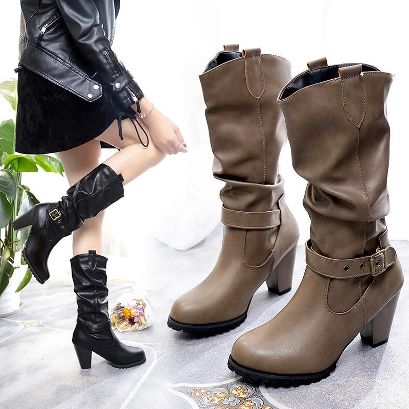 Winter Chunky Heel Buckle Mid-calf Boots