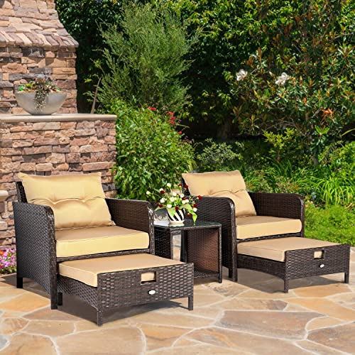 Patio Furniture Sets 5 Piece, Outdoor Wicker Patio Furniture Set, PE Rattan Patio Furniture, Porch Furniture Set, Deck Furniture with Ottoman