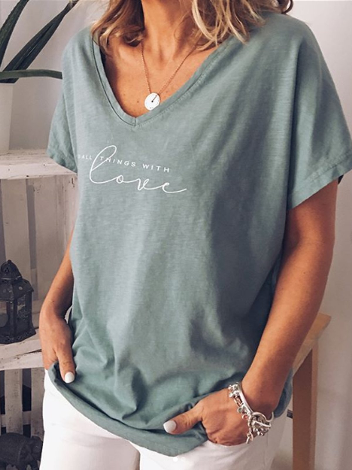 Gray Blue Short Sleeve Letter Casual Shirts & Tops