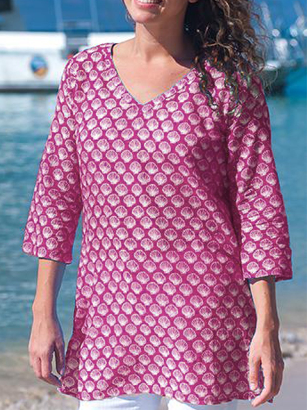 Plus Size Casual V Neck 3/4 Sleeve Shirts & Tops