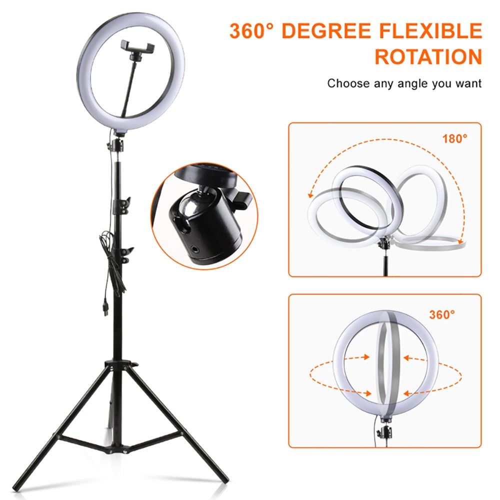 Ring Light With Tripod Photography Round Ring Lamp Phone Holder Dimmable Ringlight