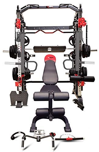 MiM USA Hercules 1001, Commercial Smith Machine, Functional Trainer, Power Cage, Leg Press, Dip Chin, Jammer Arms, Adj. Black & Red