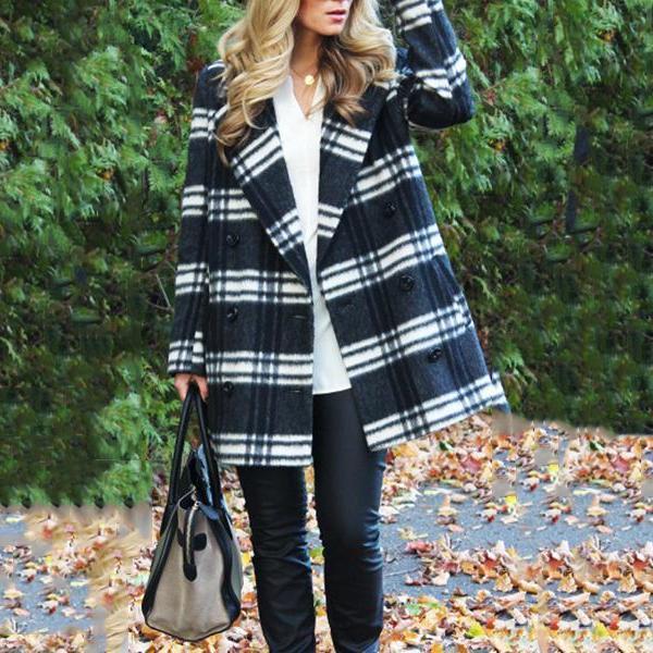 Fold Over Collar  Checkered Trench Coat