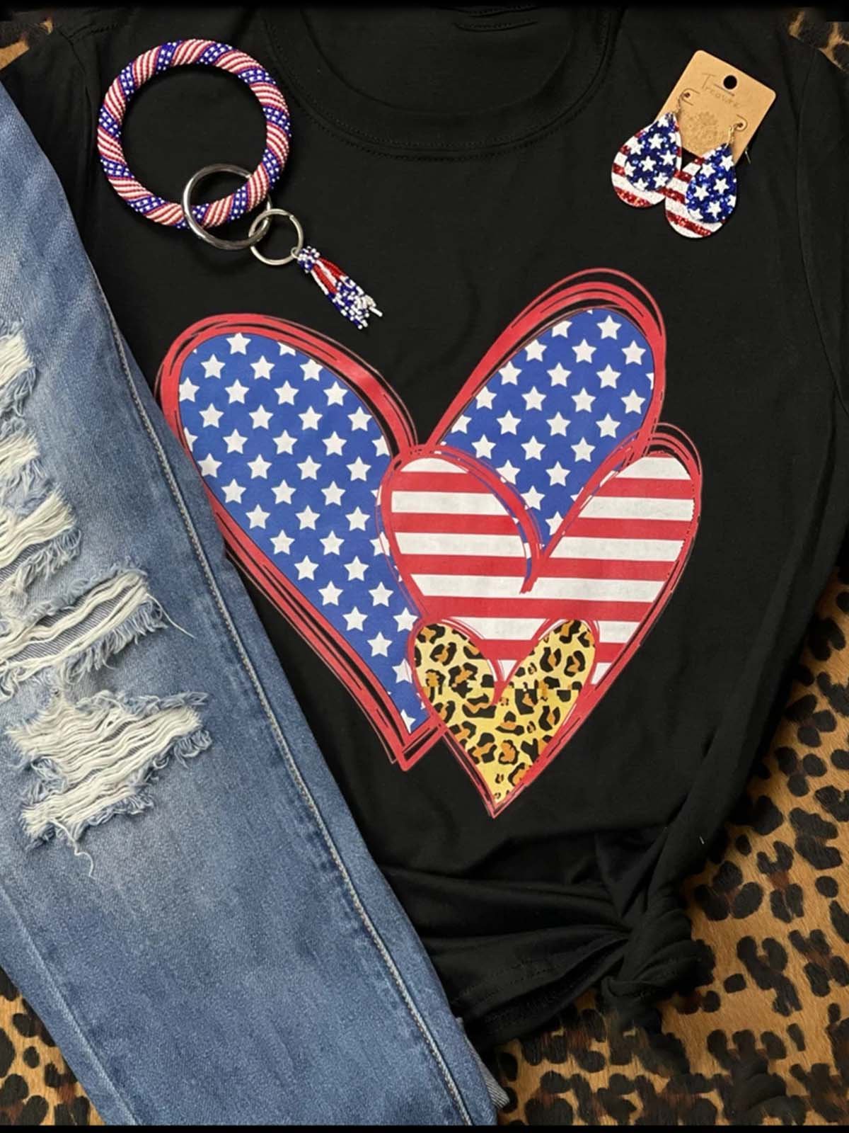 Abstract Casual Crew Neck Cotton-Blend Shirts & Tops