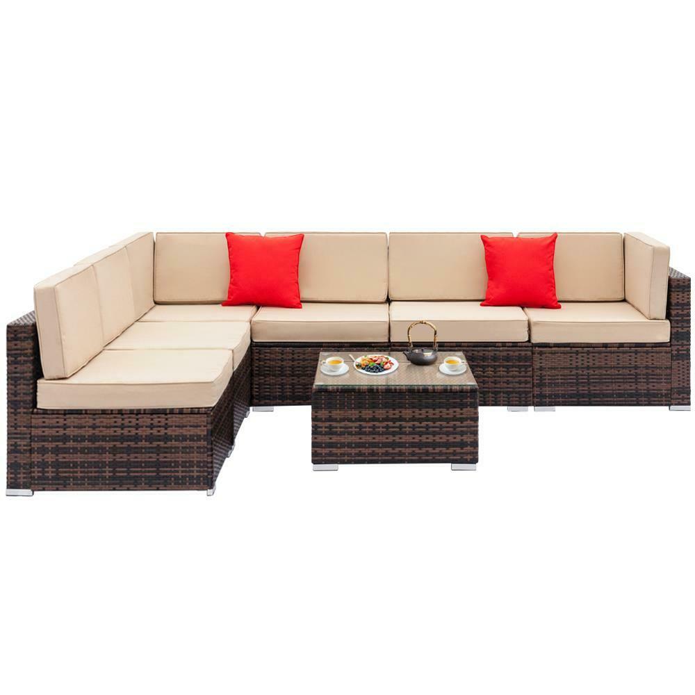 7 PCS Outdoor Patio Sectional Furniture PE Wicker Rattan Sofa Set Garden Yard US