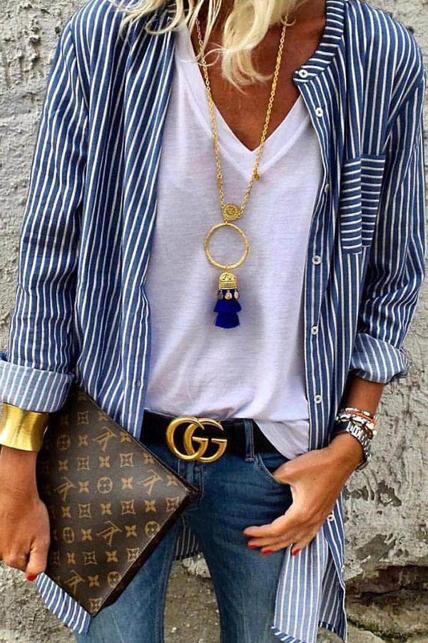 Long Sleeve Striped Shirt Women's Cardigans