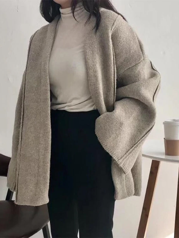 Casual V Neck Loose Pure Colour Sweater Cardigan