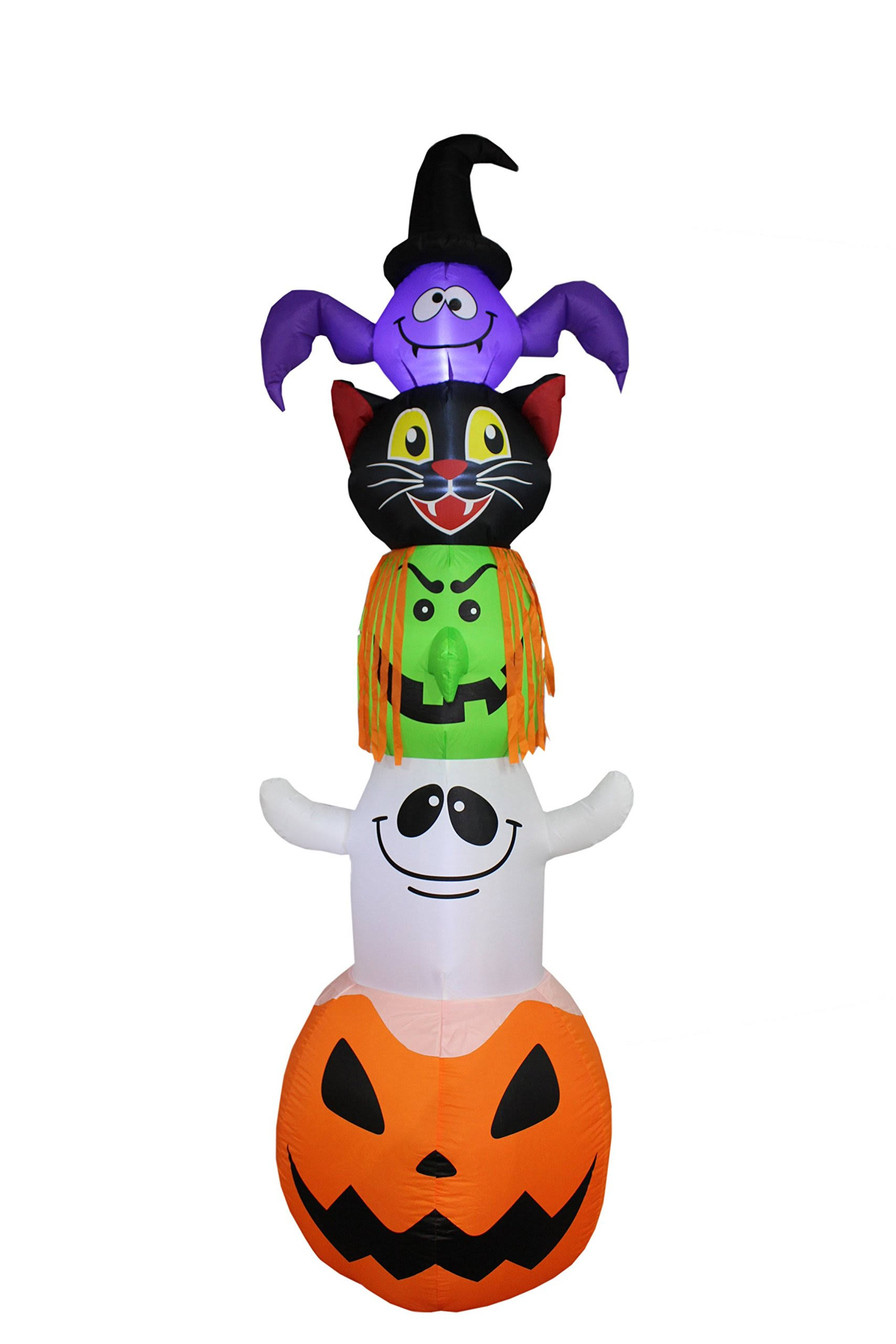 8 Foot Halloween Inflatable Stacked Bat, Black Cat, Witch, Ghost, and Pumpkin