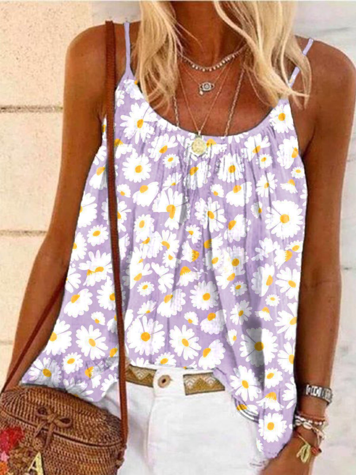 Purple Floral-Print Sleeveless Shirts & Tops
