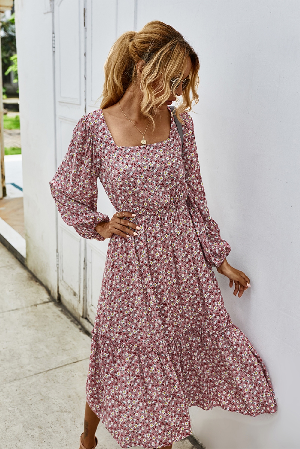 Fall Long Sleeve Square Floral Long Dress