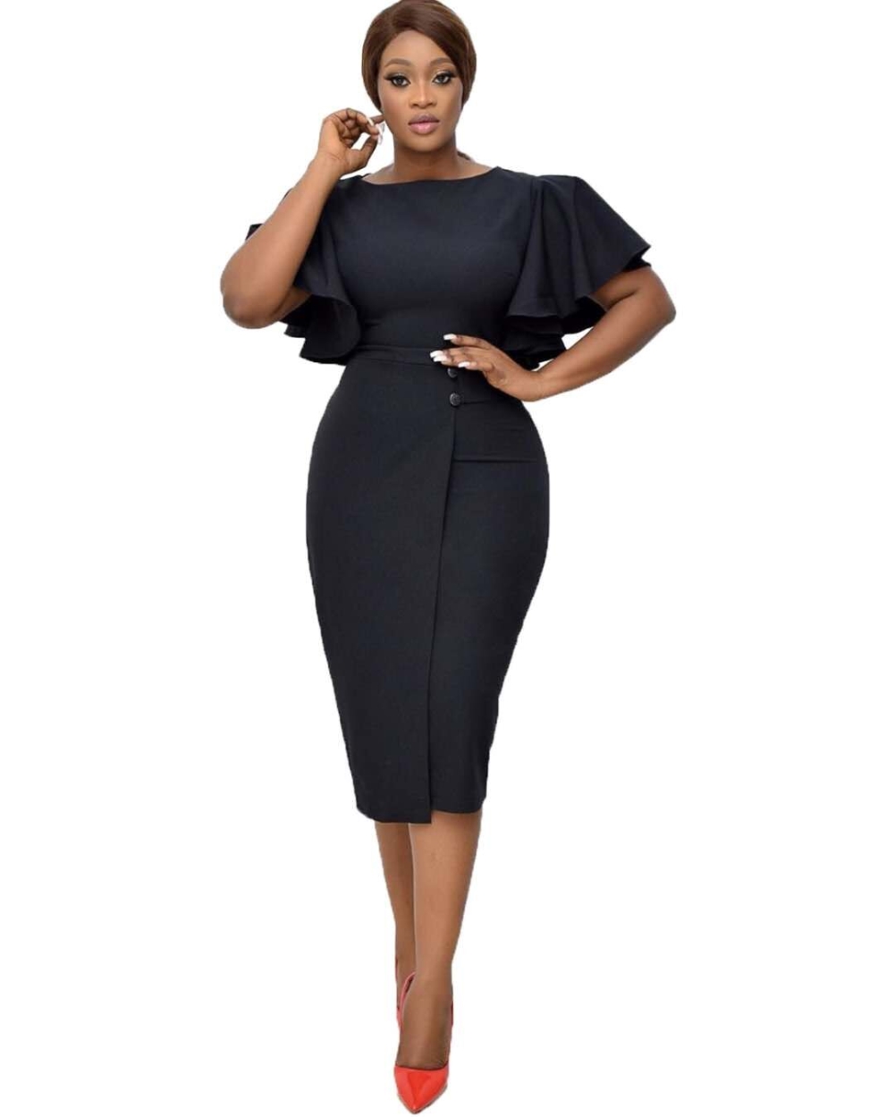 Solid Color Mature Midi Dress with Wide Cuffs