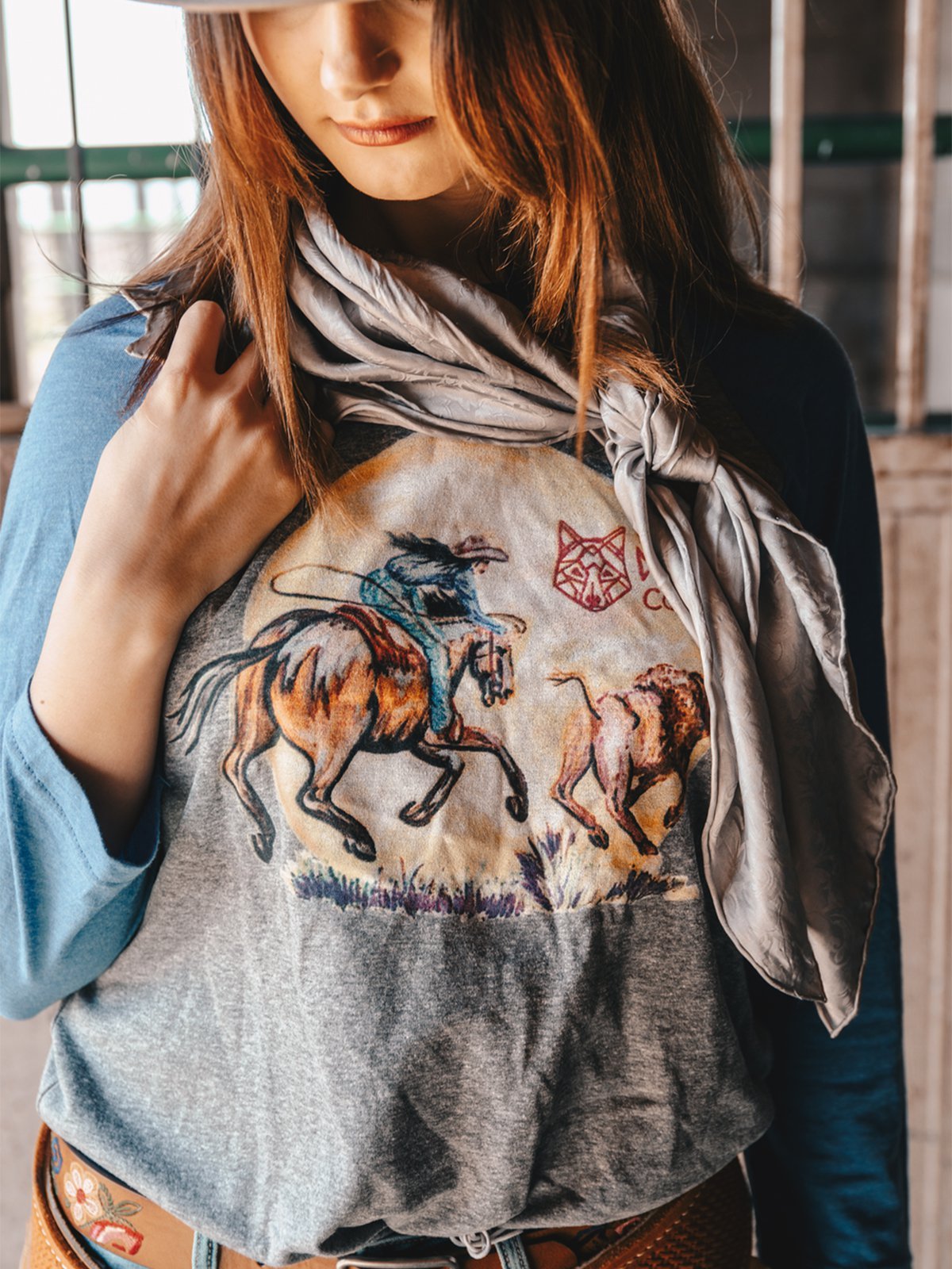 Gray Abstract Long Sleeve Crew Neck Cotton-Blend Shirts & Tops