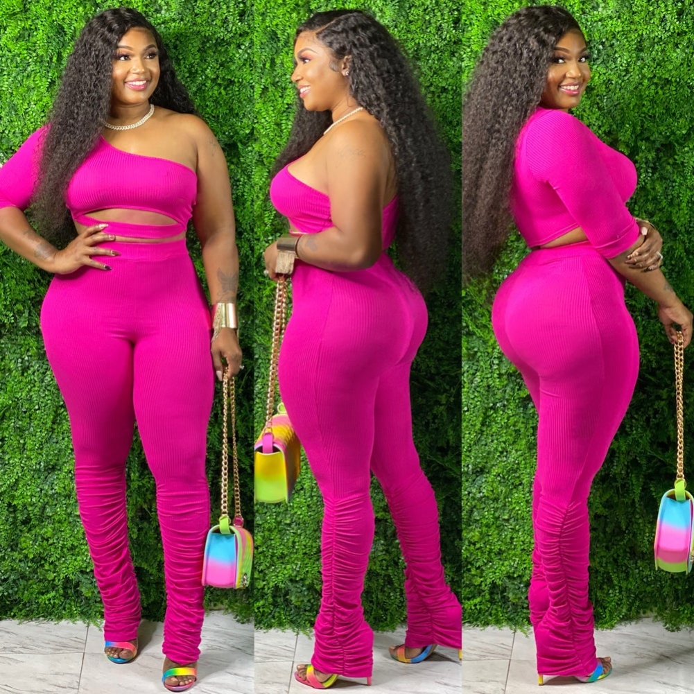 Plus Size Two Piece One Shoulder Stacked Pants Set