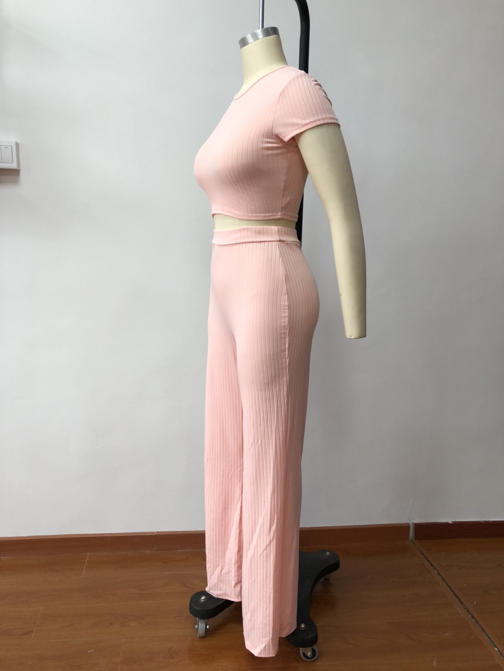 Matching 2PC Plain Knitted Crop Top and Pants Set