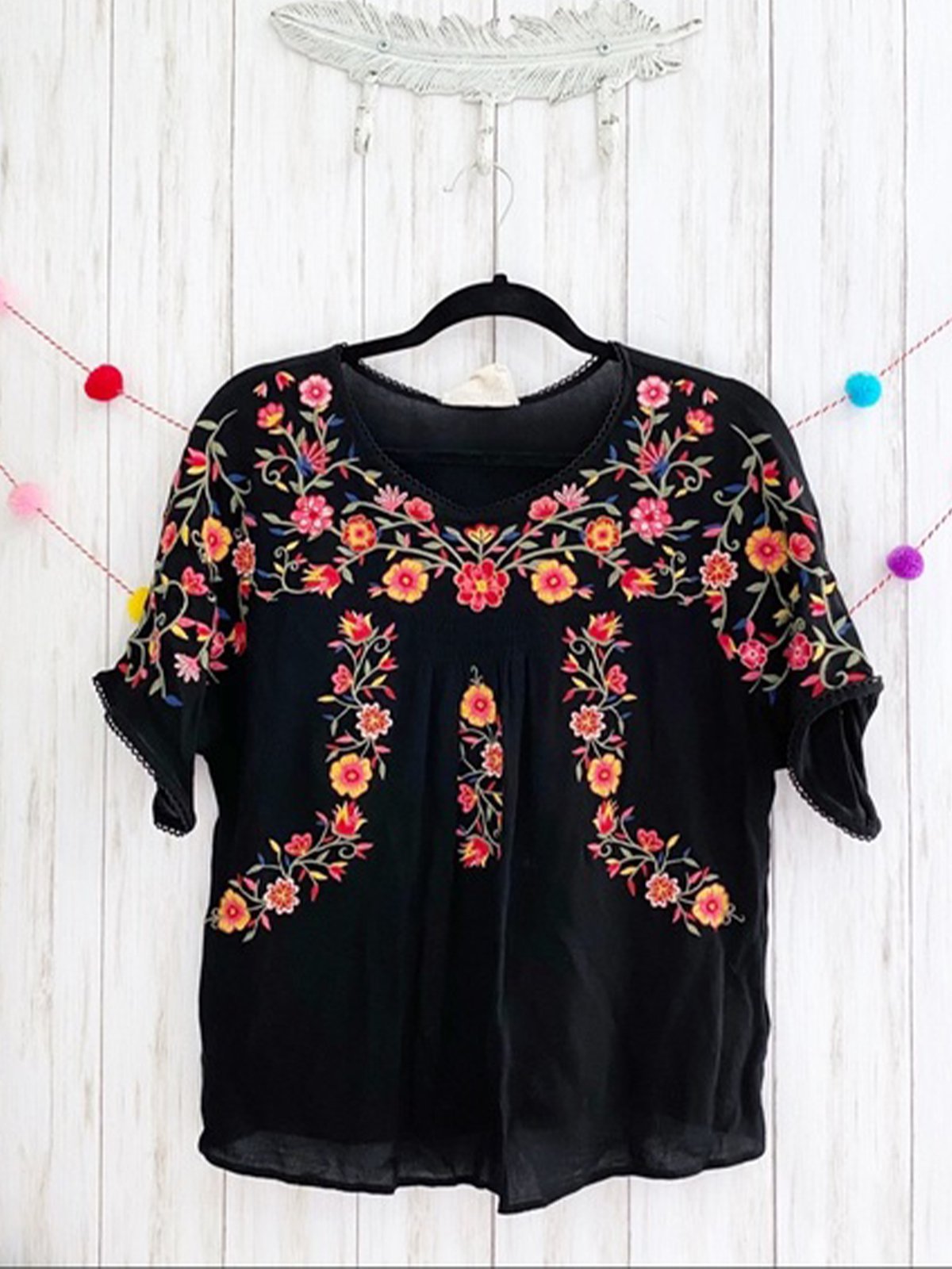 Short Sleeve Boho A-Line Crew Neck Shirts & Tops