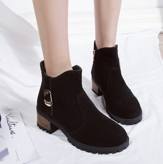 Brown Zipper Business Chunky Heel Suede Boots