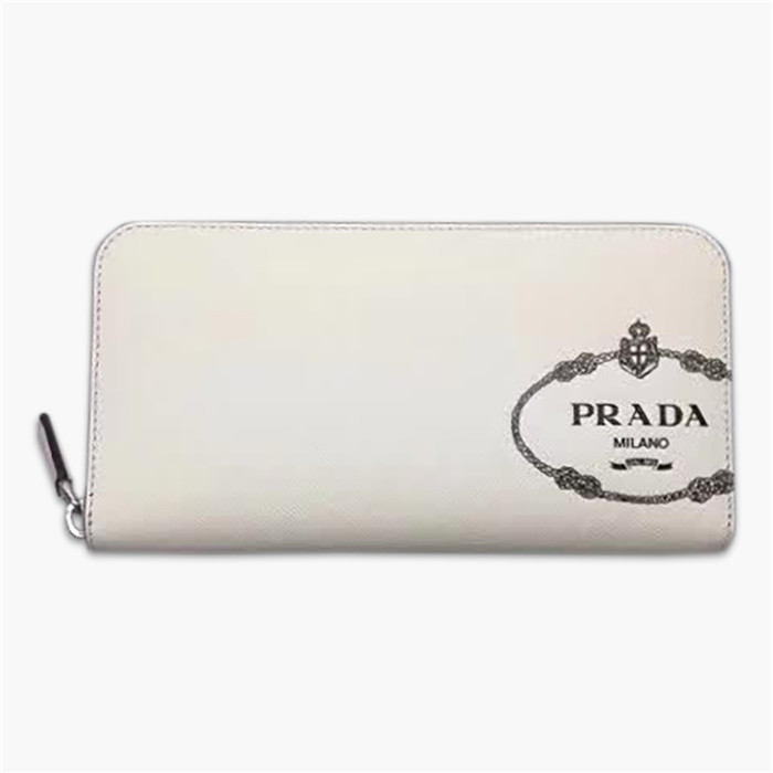【原版皮】普拉达/Prada 拉链钱夹，选用十字纹牛皮裁制而成，饰以黑色经典丝印徽标，风格优雅简约，款号：2ML317