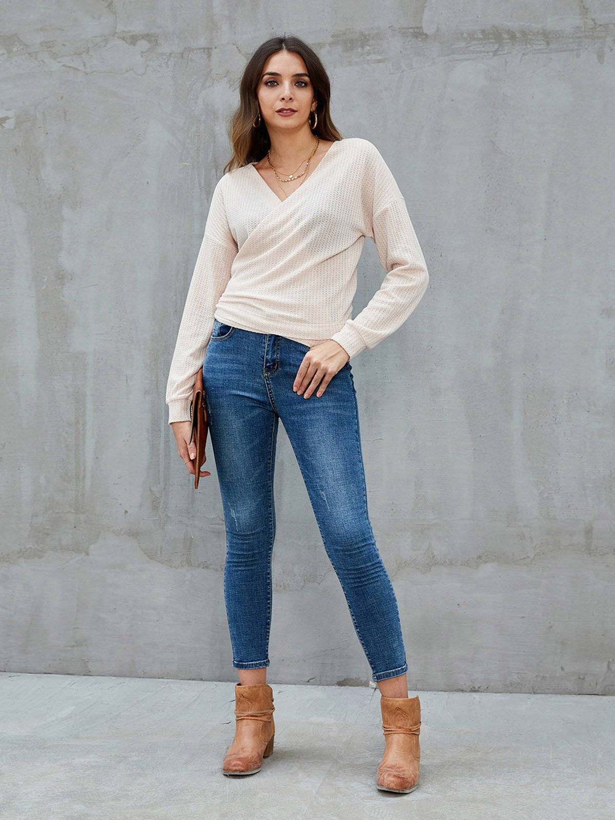 Apricot Casual Surplice Neck Knot Front Sweaters