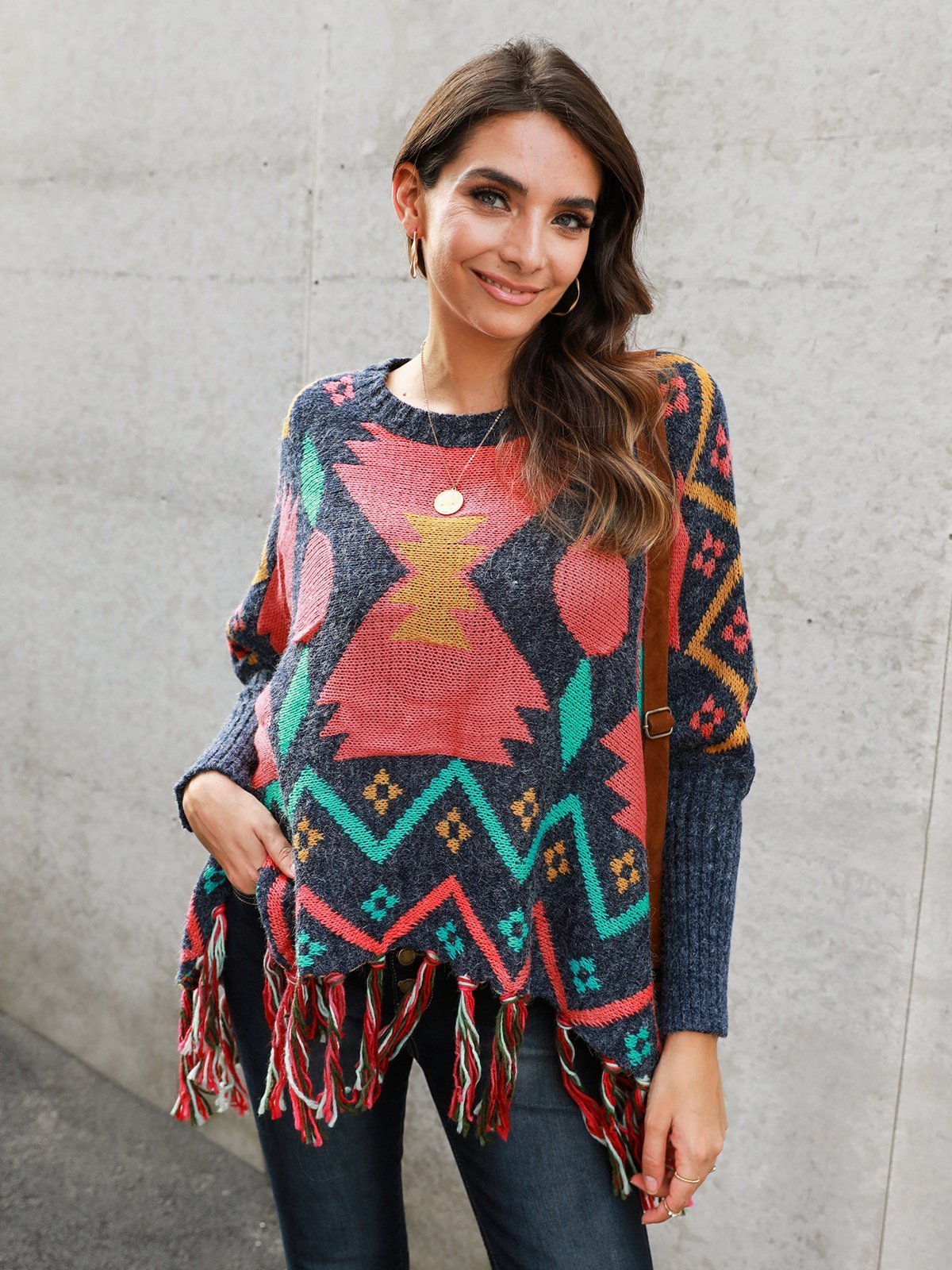 Multicolor Long Sleeve Tribal Fringed Cotton-Blend Sweaters