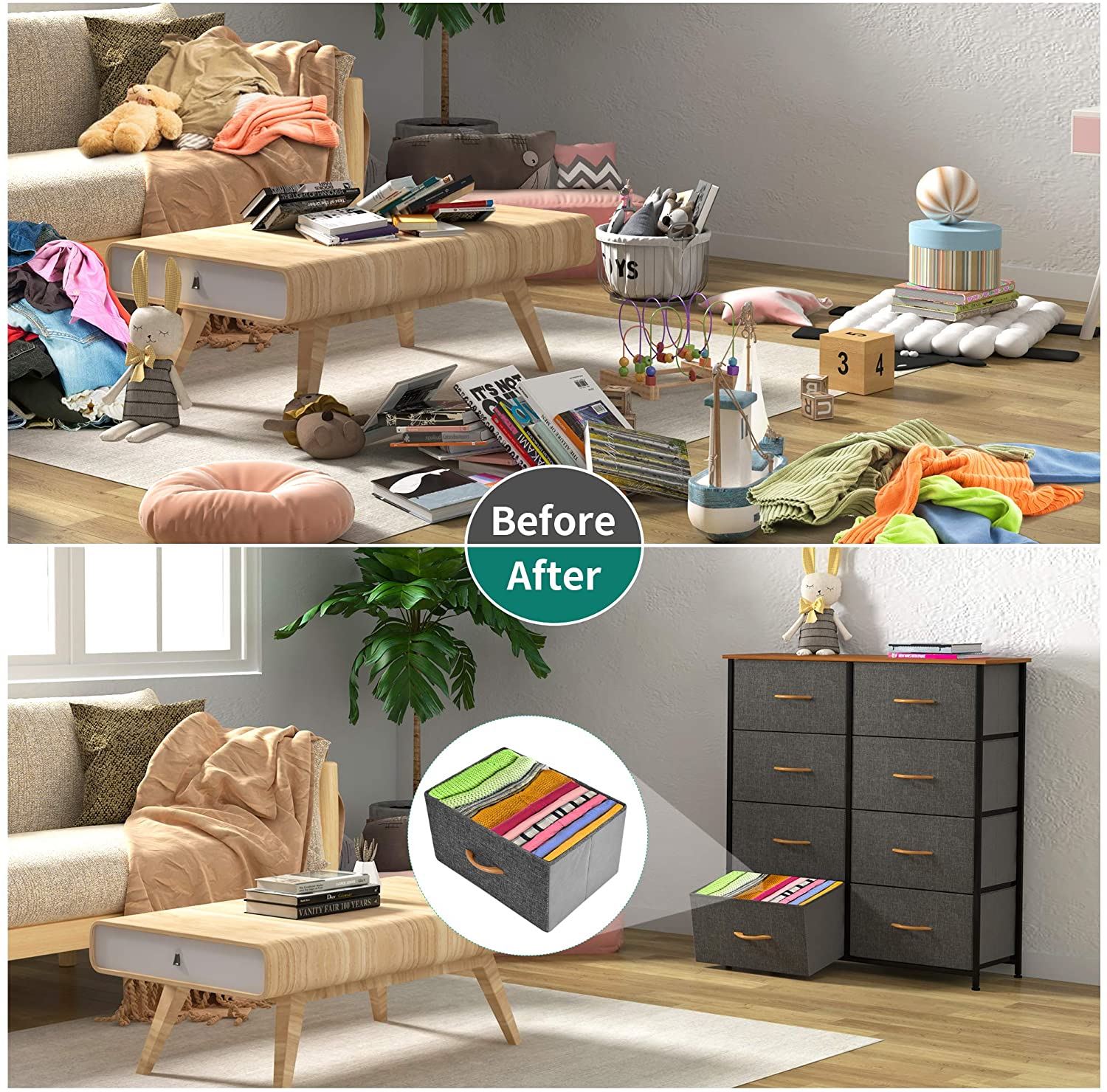 Bedroom, Living Room & Closets �C Sturdy Steel Frame, Wooden Top & Easy Pull Fabric Bins (Dark Grey)