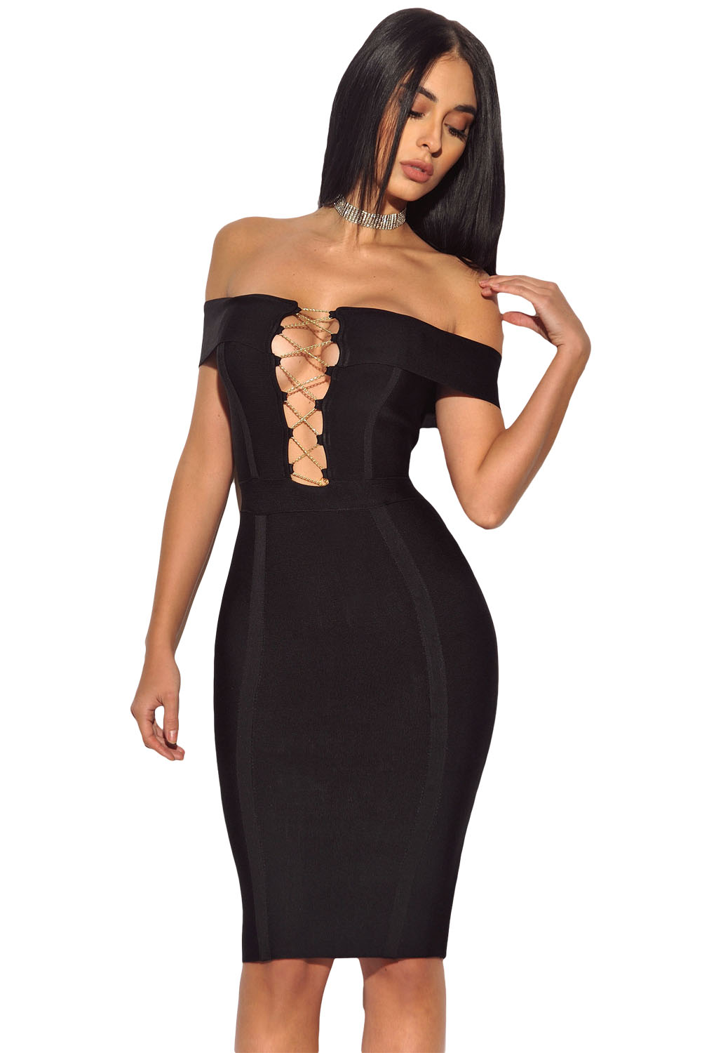 Gold Chain Crisscross Lace up Black Bandage Dress