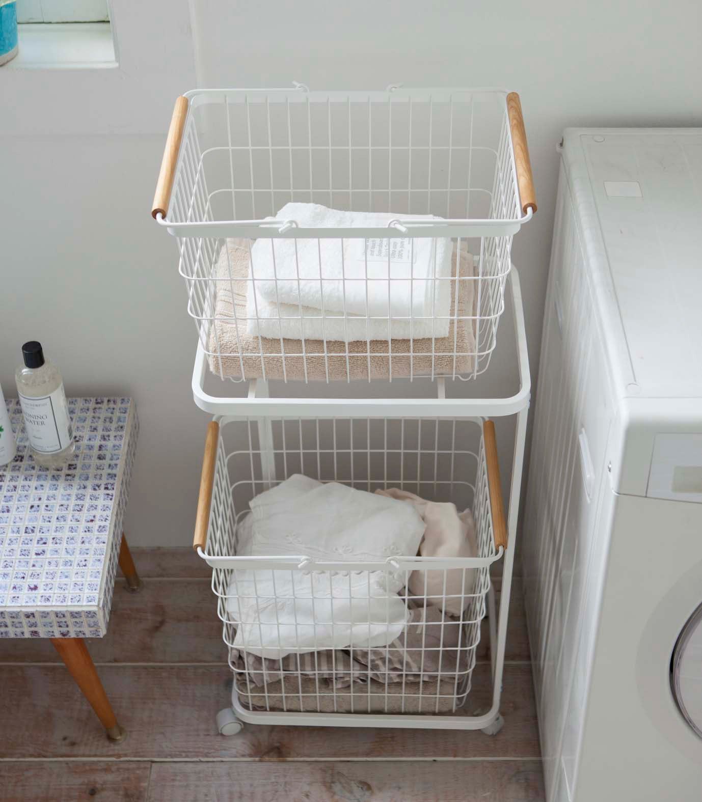 Rolling Laundry Cart + Wire Baskets – Steel + Wood