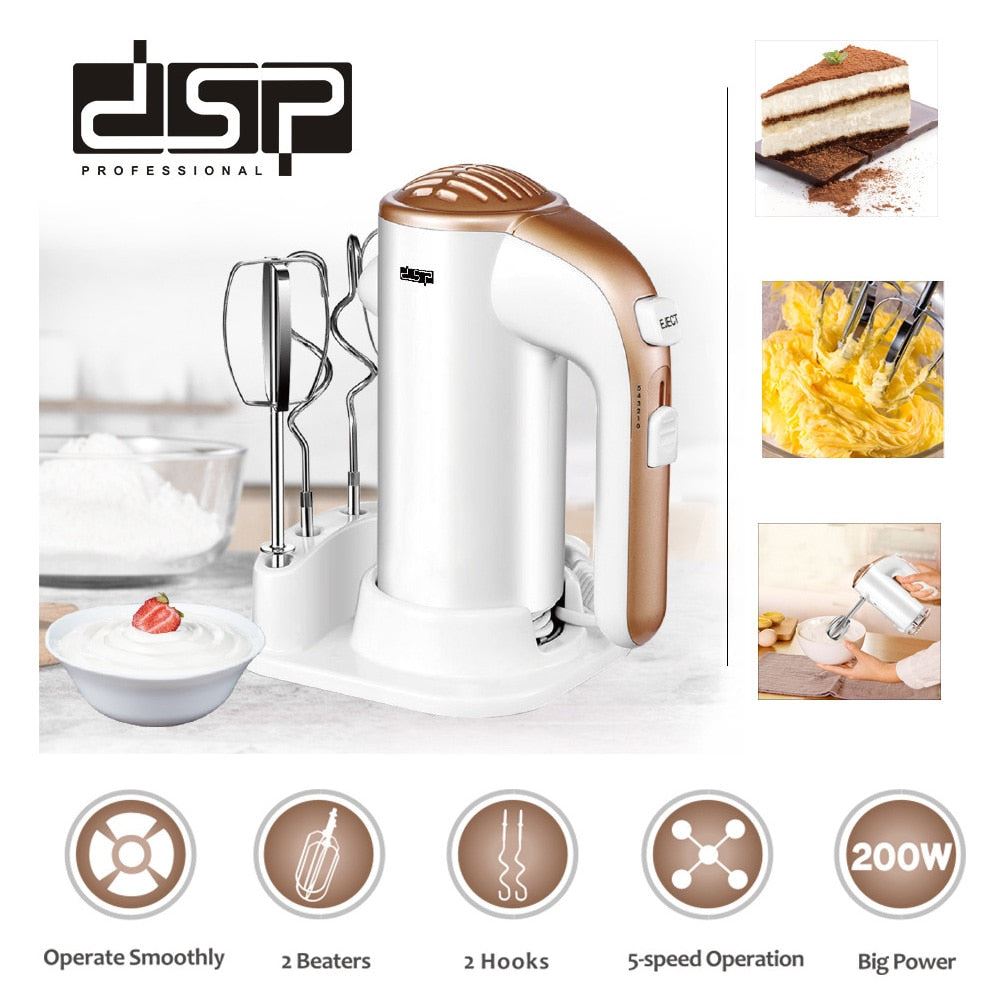 5-Speed Handheld Electric Mixer With Easy Eject Button, 2 Wired Beaters + 2 Dough Hooks Ultra Power 200W