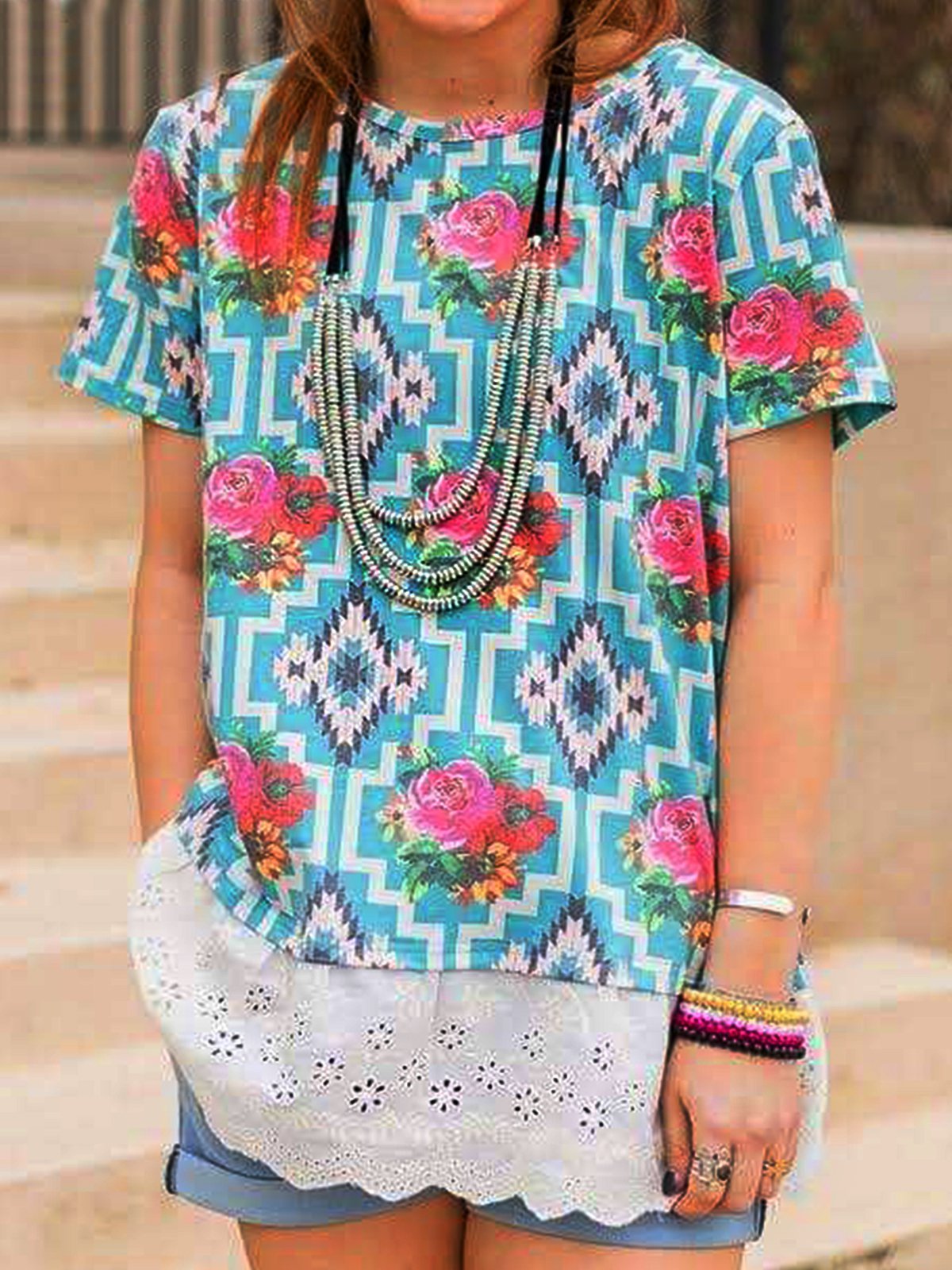 Crew Neck Printed Casual Shift Shirts & Tops