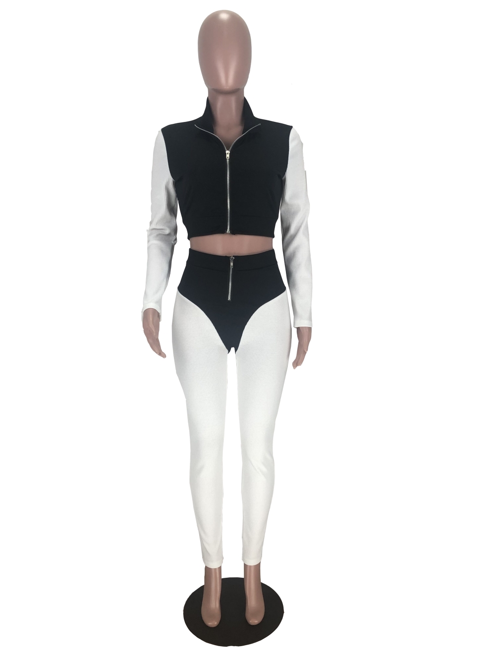 Autumn Contrast Zipper Crop Top and Matching Pants Set