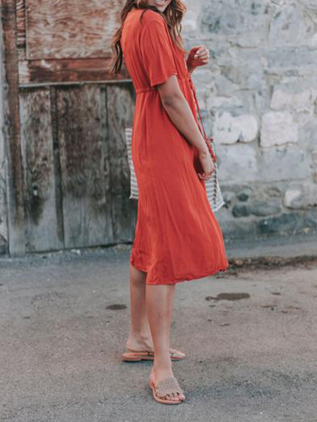 Half Sleeve V Neck A-Line Dresses