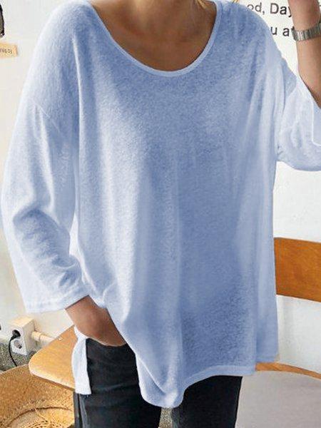 White Crew Neck Long Sleeve Cotton Plain Shirts & Tops