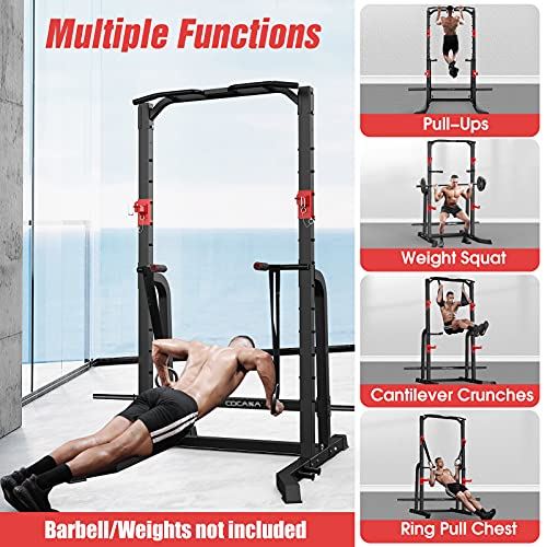 CDCASA Power Squat Rack, Adjustable Exercise Power Cage, Multi-Function J-Hook Power Tower with Pull Up Bar