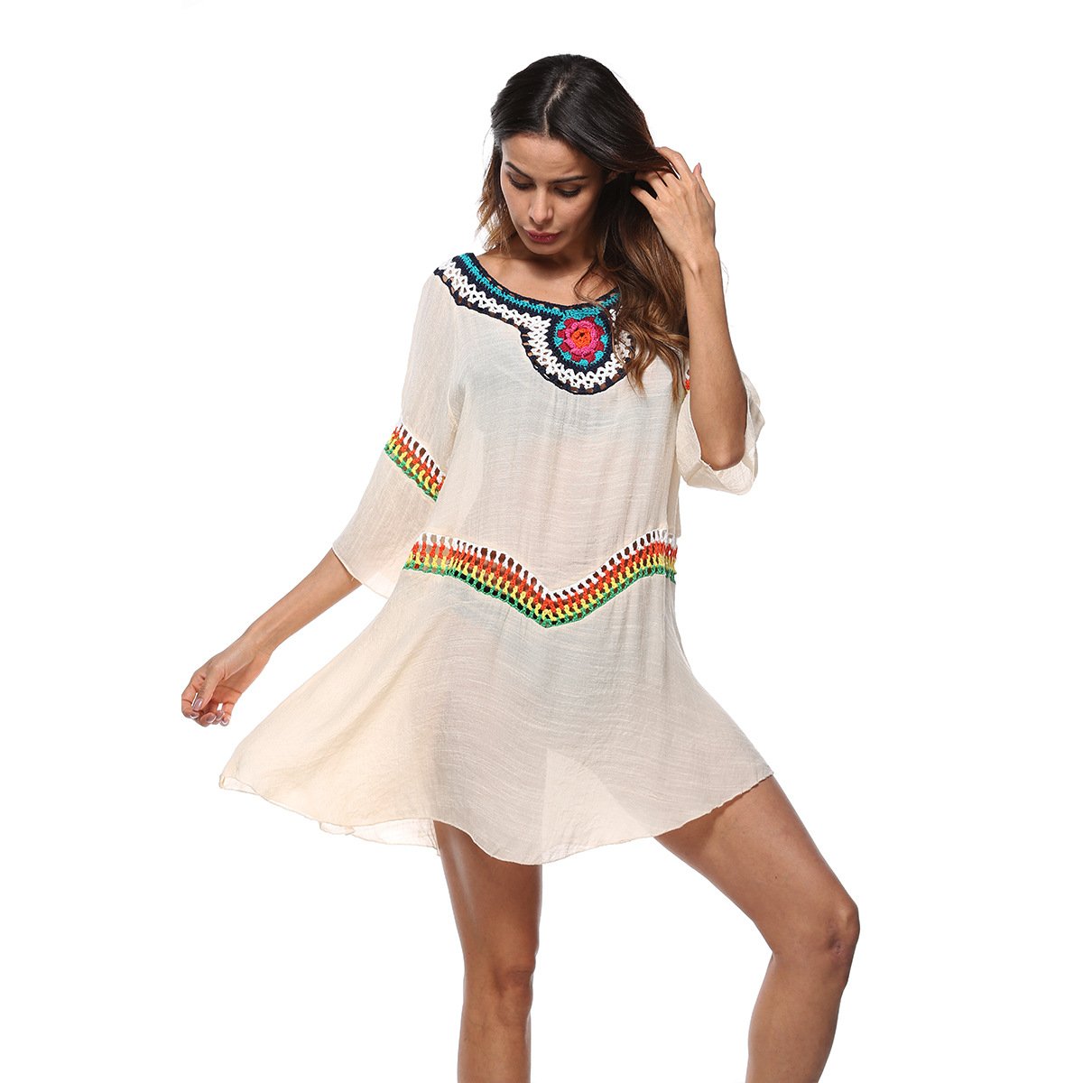 Loose Casual Beach Hollow Out White O Neck Boho Mini Dresses