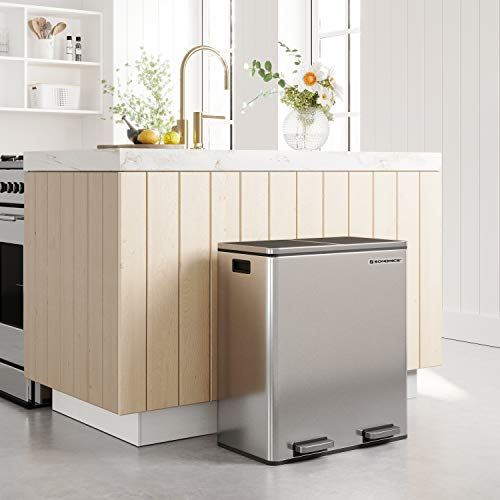 Dual Trash Garbage Can, Recycling Bin with Plastic Inner Buckets, Hinged Lids