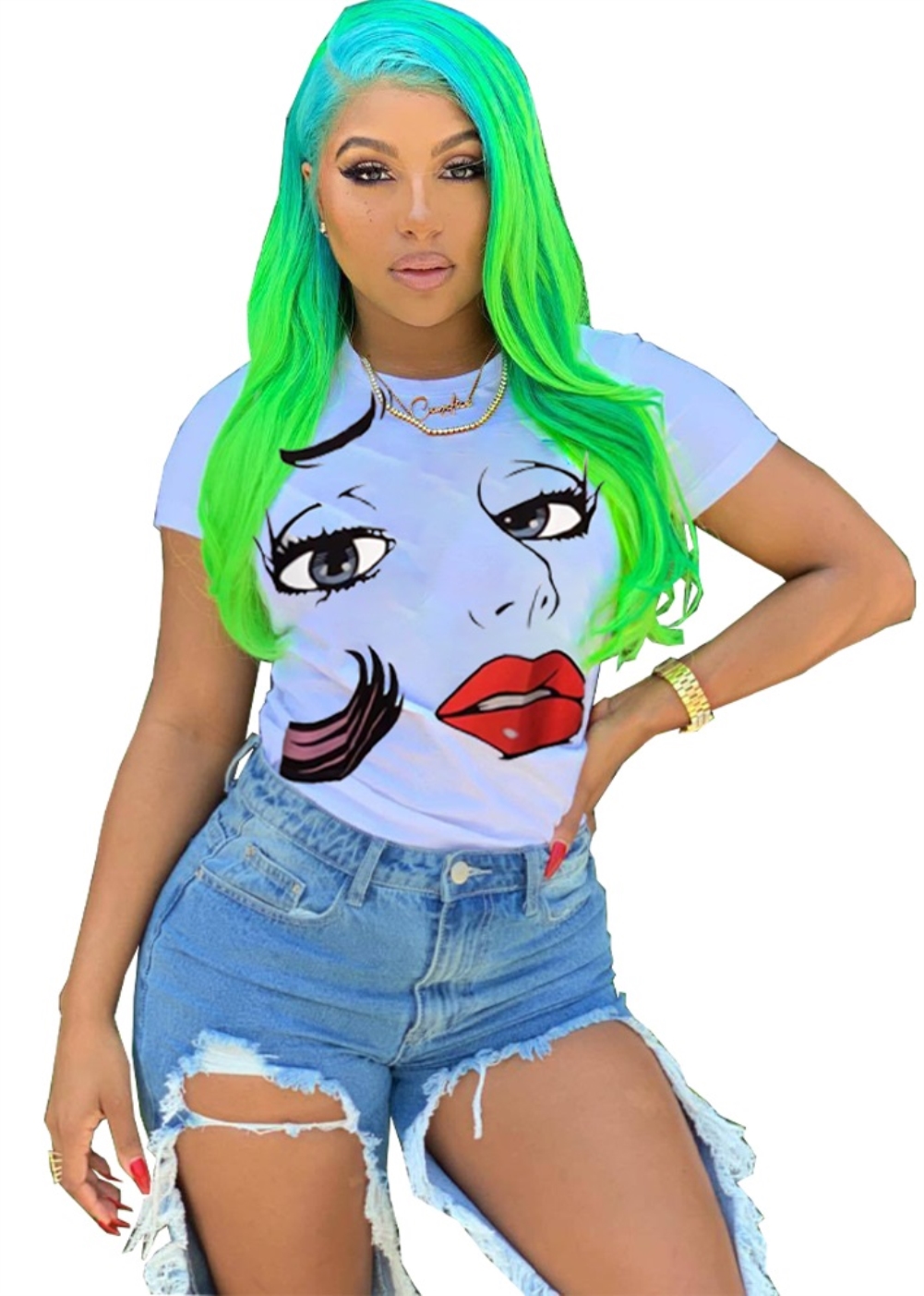 Summer Character Print O Neck Shirt