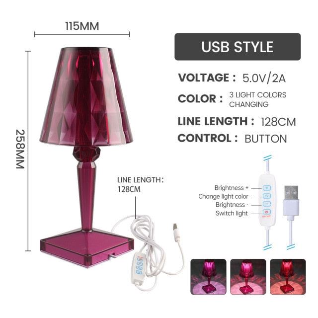 Crystal Table Lamp Diamond Acrylic LED USB Dimmable Bedroom Bedside Light Desk Night Lamp